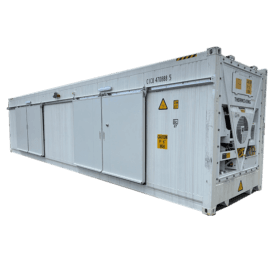 Side-Opening 40ft High Cube Three Phase Refrigerated Container with both side mounted sliding doors closed diagonal from the rear