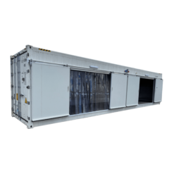 Side-Opening 40ft High Cube Three Phase Refrigerated Container with both side mounted sliding doors open diagonal from the front
