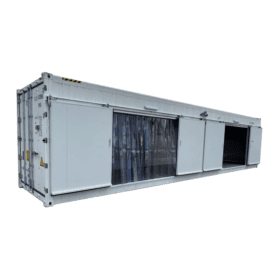 Side-Opening 40ft High Cube Three Phase Refrigerated Container with both side mounted sliding doors open diagonal from the front