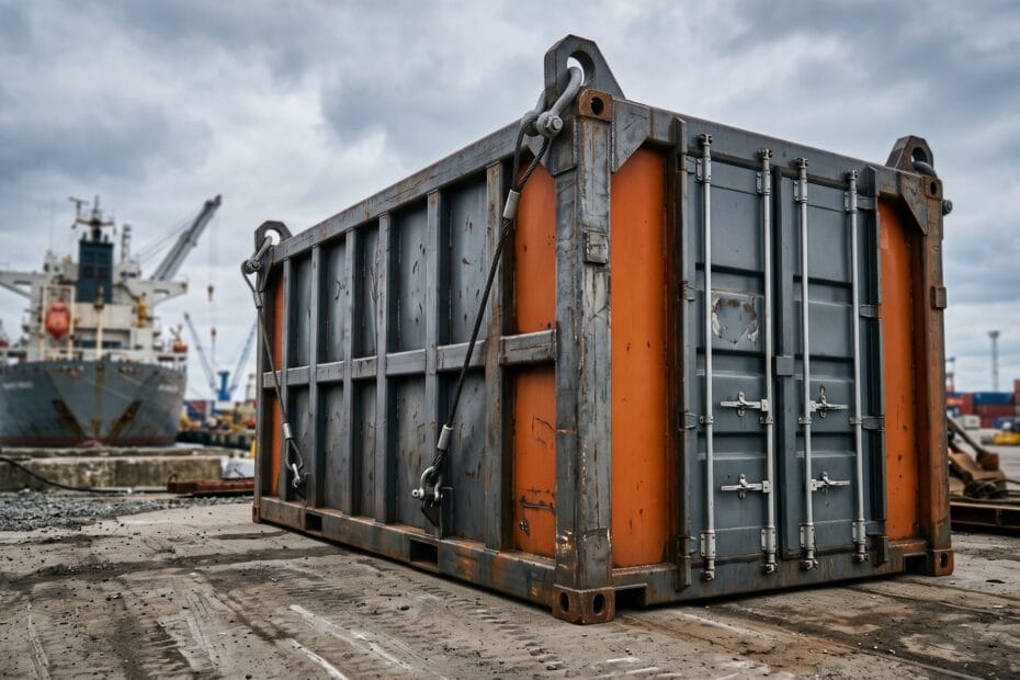 Weathered shipping container with reinforced doors at a cargo port