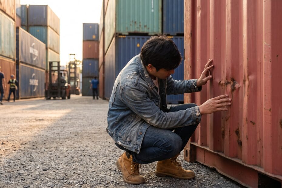 Worker inspecting corrosion on a red shipping container in a container yard